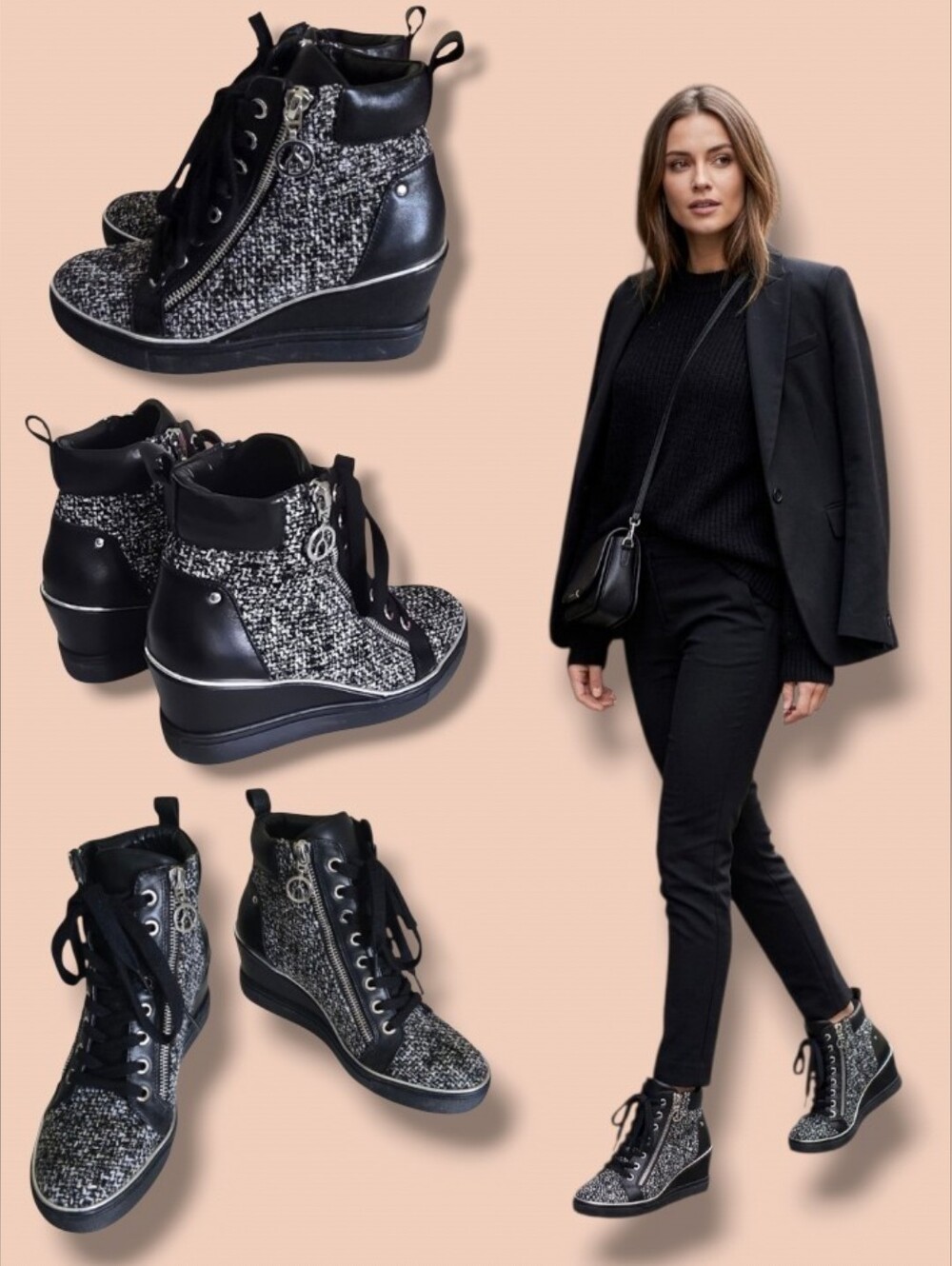WISHBONE Silver and Black Leather High-Top Wedge Sneakers with Modern Design